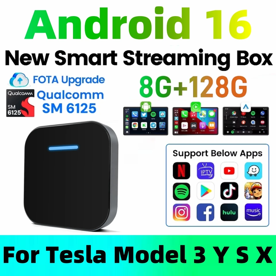 For Tesla Model 3 Y X S Wireless CarPlay Adapter Dual Wifi/Bluetooth Android 16 Smart Multimedia AI Box Android Auto Navigation