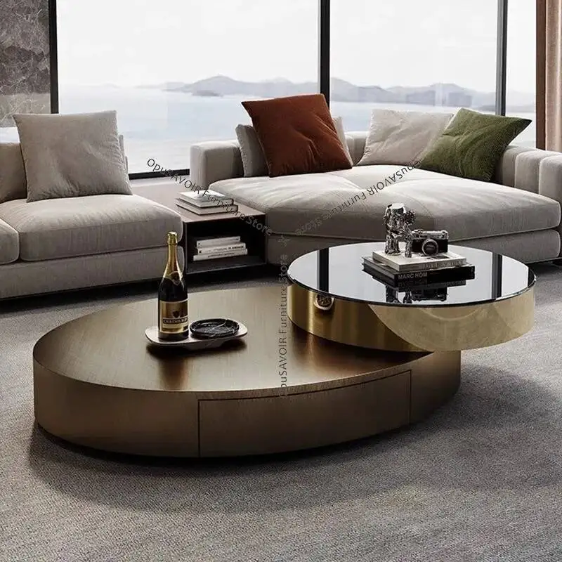 

Italian Luxury Oval Coffee Tables Modern Minimalist Rotatable Center Coffee Table Set Stainless Steel Living Room Furniture FYCT