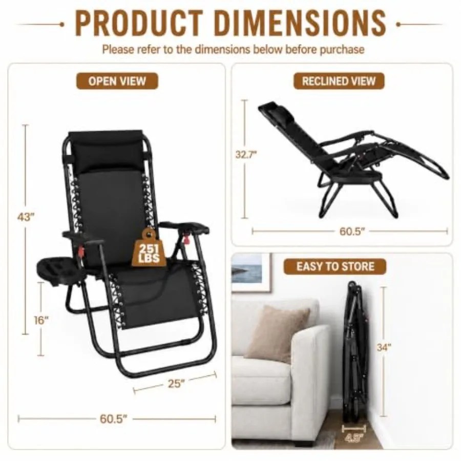 Outdoor adjustable folding reclining lounge chairs for patio, backyard, beach; zero gravity design; black fabric; includes pill