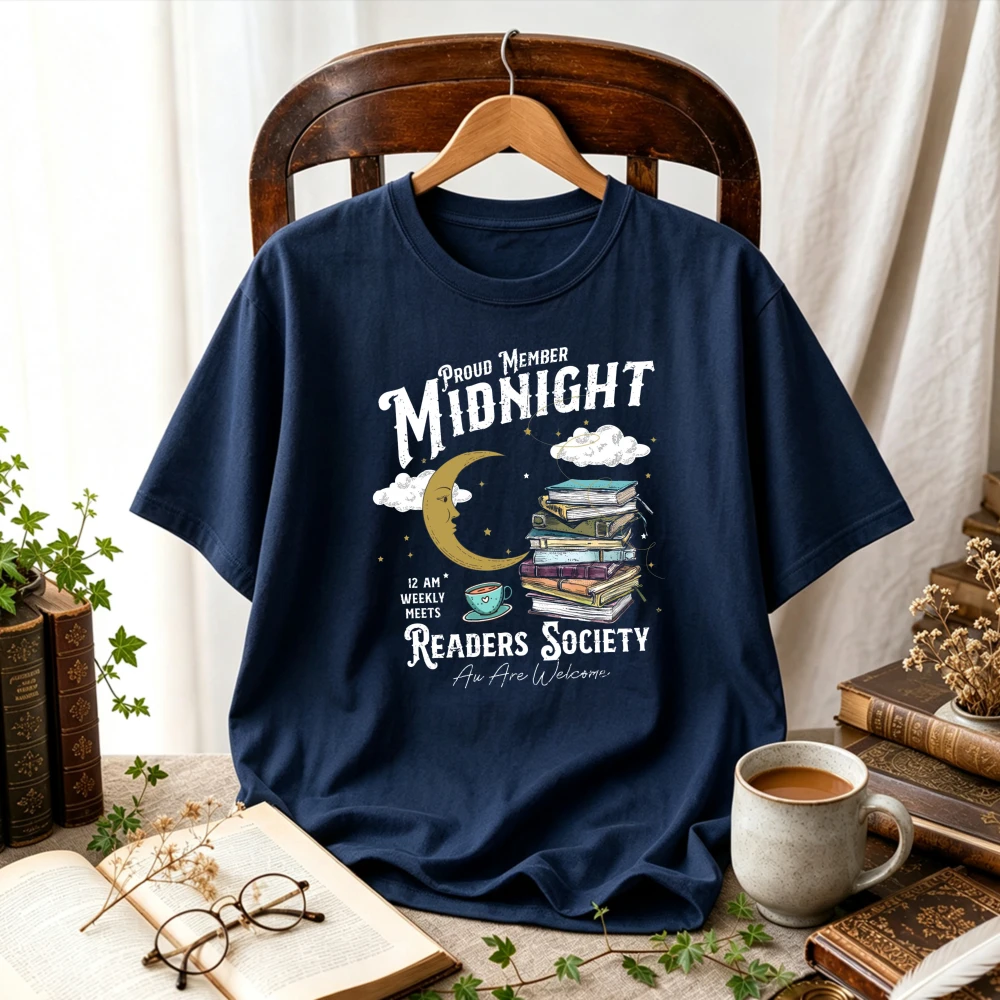 Women Midnight Readers Society Crescent Moon Stacked Books Teacup Star Cloud Graphic T-Shirt Book Lover Bookish Cottagecore Tee