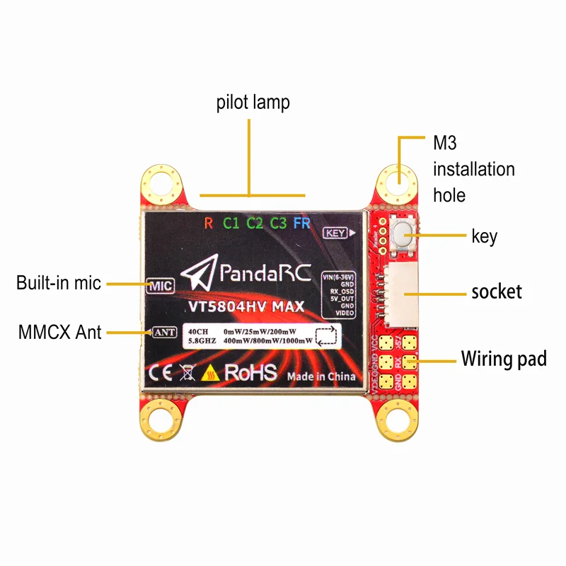PandaRC VT5804HV MAX 5.8G 40CH 1000mW VTX Ingebouwde Microfoon 6-36V 30X30mm voor RC Vliegtuig FPV Lange Afstand Drones