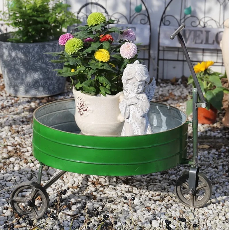 Vintage Iron Garden Cart Rustic Plant Stand for Outdoor Patio Decor Mobile Wagon for Succulents Herbs Balcony Flower Pot Holder
