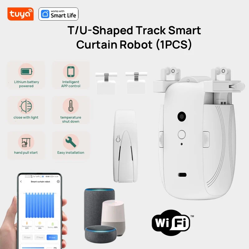 Tuya Smart Curtain Robot WiFi APP Afstandsbediening/stembediening (Alexa Google Siri) ForTU-Rail-vormige track, trek-tot-start, 8 kg belasting