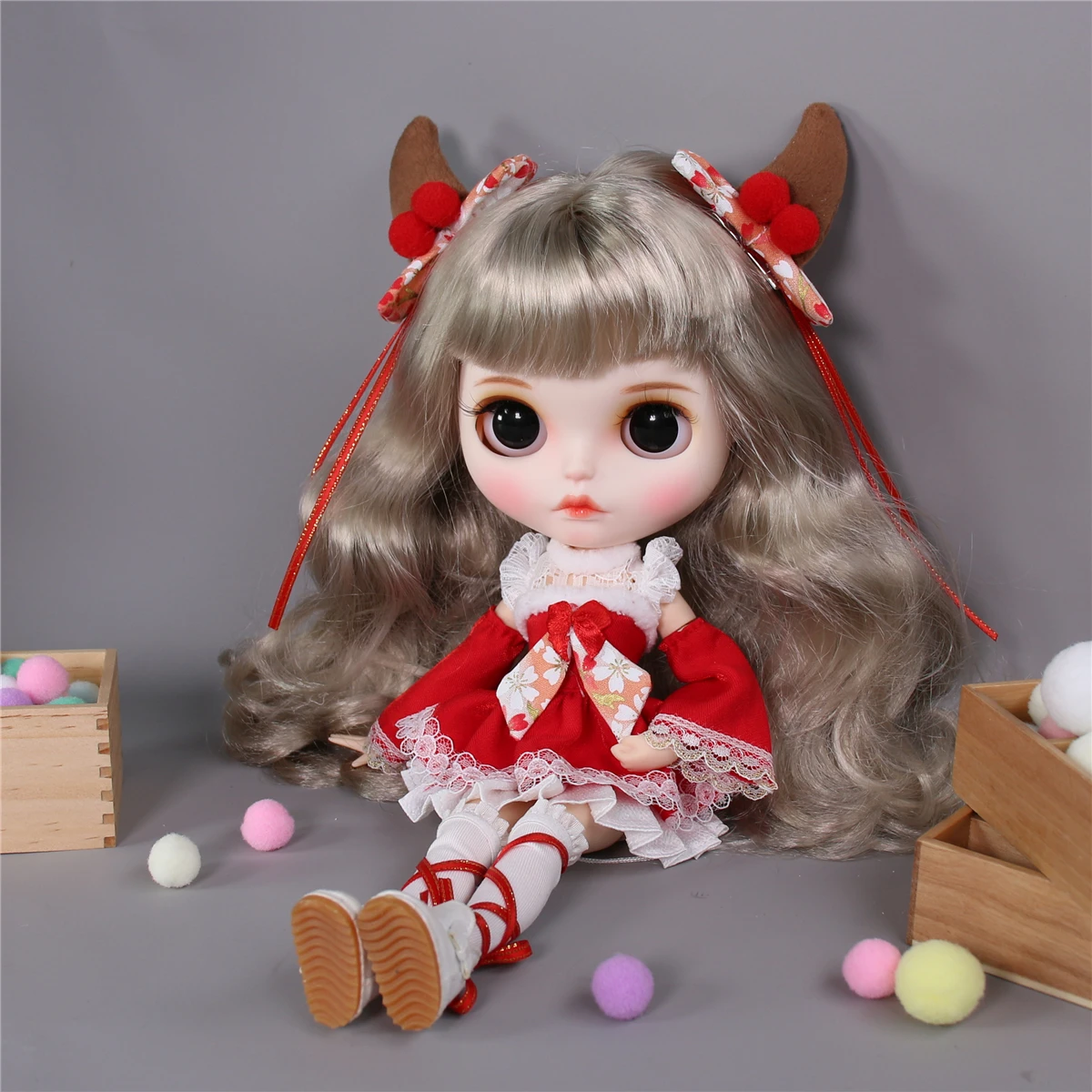 

ICY DBS Blyth doll New Year outfits Christmas clothes red dress white stocking hairpin Anime suit Xmas gift