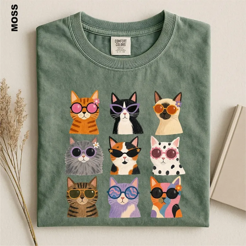 Retro Cat Shirt, Cool Cats Sunglasses Tee, Groovy Cat Mom Gift, Funky 70s Kitty Graphic, Colorful Cat Lover Aesthetic Tee