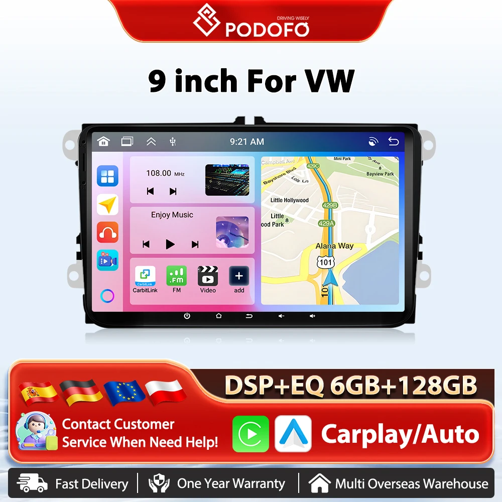 Podofo 6 + 128G Drahtlose CarPlay Auto Autoradio Android Auto GPS Navigation AI Stimme Multimedia Player für VW WIFI DSP FM/RDS EQ BT