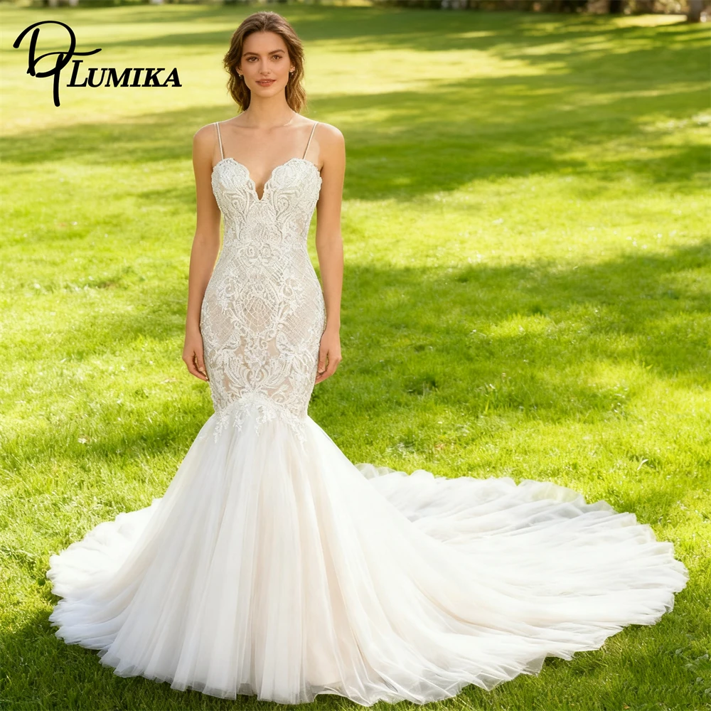 

DTLumika Popular Lace Mermaid Bridal Gown Customized Size Supported, Spaghetti Straps Womens Long Bride Dress Wedding Gown