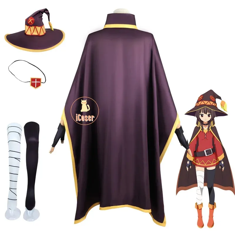 Disfraz de Anime KonoSuba Megumin para mujer, peluca, disfraz clásico de bruja, uniforme, capa, sombrero, venda para los ojos, medias para fiesta de Halloween