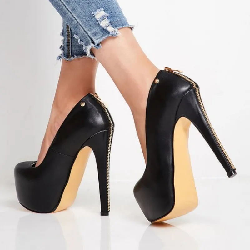 DIZHUANG Sexy women's high heels. Black leather single shoes. About 15cm heel height. Round toe pumps Fashion show banquet shoes