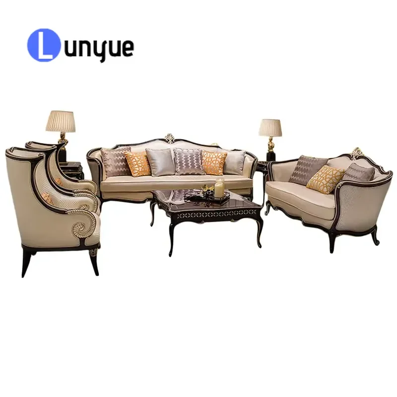 Neoclassical Leather Sofa Set European Style Solid Wood Carved Light Luxury Living Room Furniture Combination Elegant