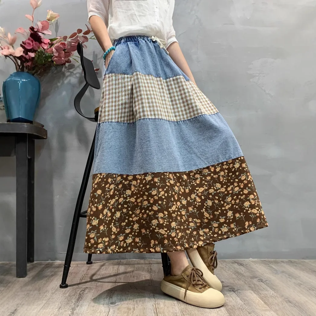 Japanese Vintage Mori Girl Floral Print Denim Patchwork Cotton Skirts Women Summer Elastic Waist Casual Loose A-Line Skirts