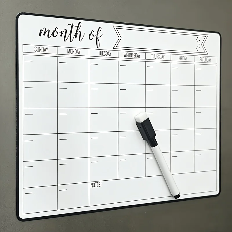 Ensemble de 4 aimants pour réfrigérateur comprenant un tableau magnétique pour calendrier, 2 marqueurs pour tableau noir et une gomme, idéal pour les réfrigérateurs de cuisine. Calendrier effaçable compatible avec des modèles hebdomadaires et mensuels, parfait pour organiser les tâches ménagères, au bureau ou dans la cuisine, pour la planification mensuelle et la tenue de registres, tableau mémo.