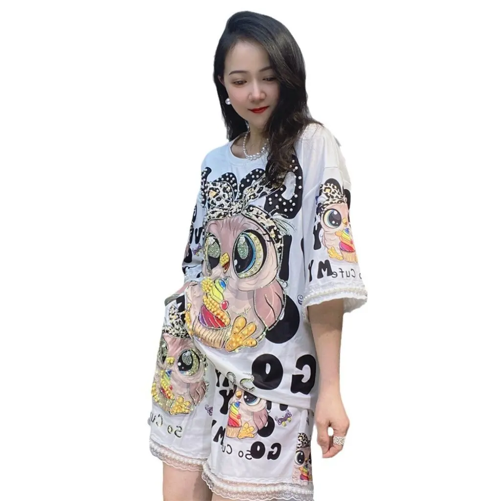 

European And American Women's Summer Loose Suit Printed Cartoon Beaded Short-Sleeved T-Shirt And Shorts Two-Piece Trendy Set