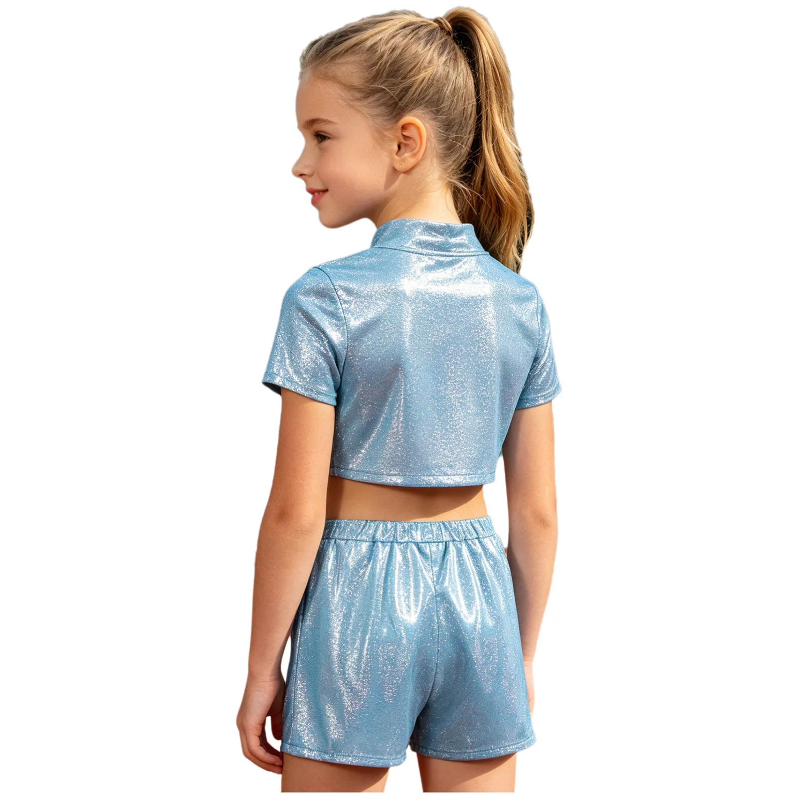 Children Metallic Glossy Jazz Dance Outfit Short Sleeve Necktie T-shirt with Sports Shorts for Hip Hop Cheerleading Performance