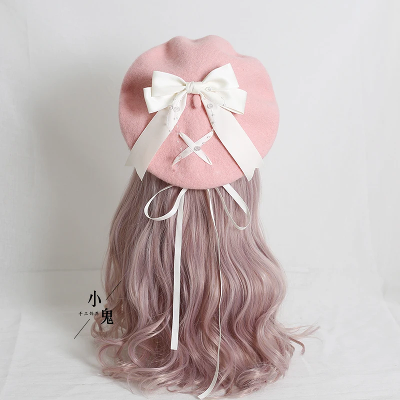 

Lovely Beret Lolita Handmade Caps elegant Bow Autumn Winter Warm Berets Wool felt beanirs woman's hat