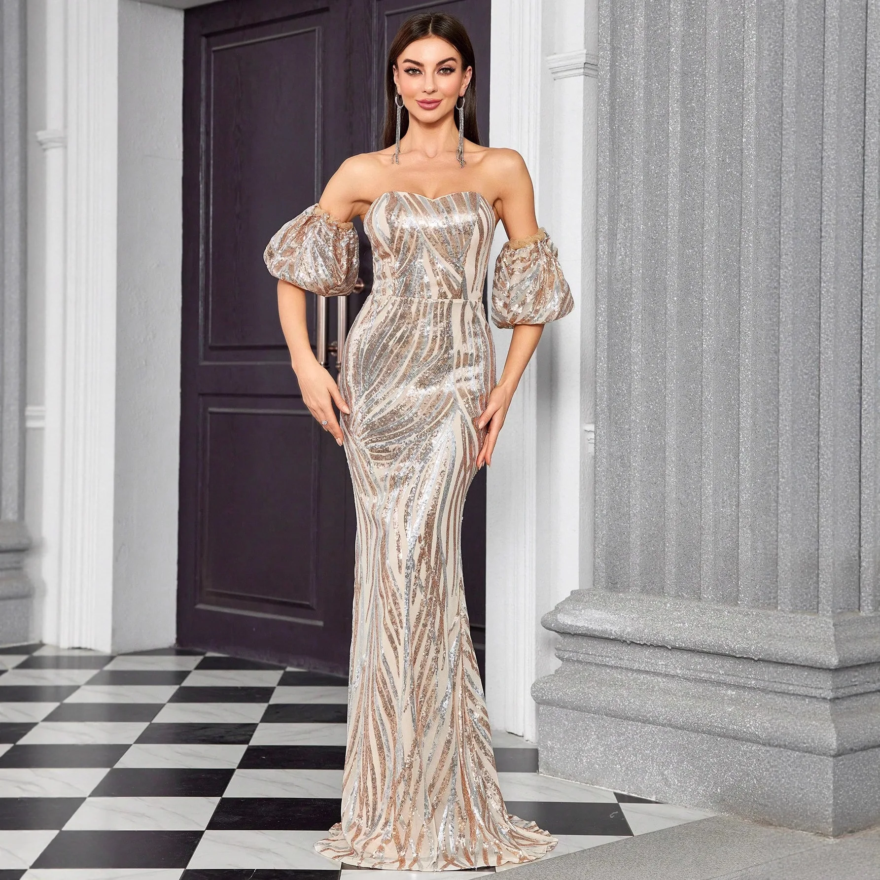 

Sexy Luxury Evening Strapless Dresses Puffed-sleeve Maxi Summer Dress Elegant Rhinestone Prom Sequined Slim Fishtail Long Dress