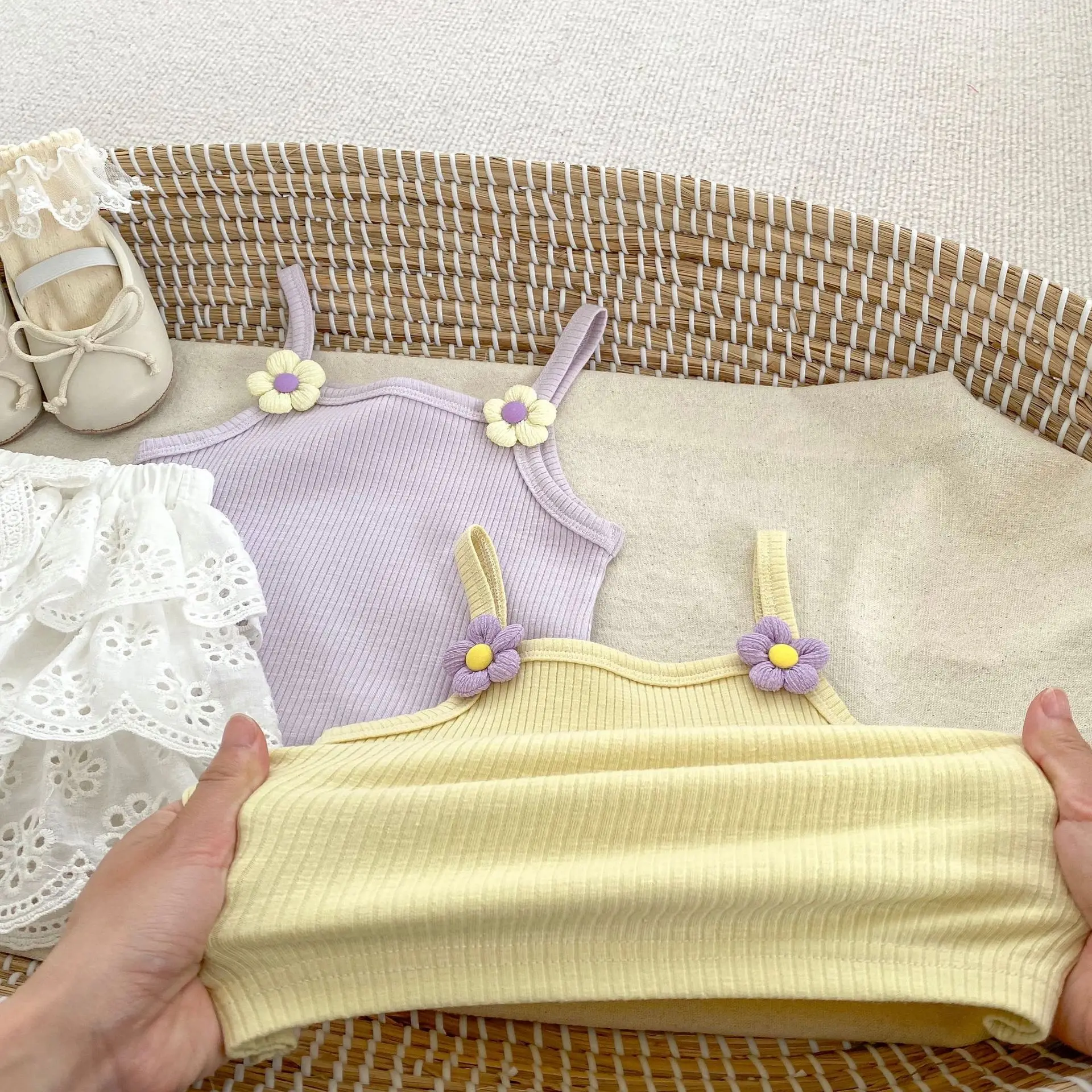 Ins Girls Sleeveless Set Summer Thin Baby Girl Tank Top Lace Cake Princess Skirt Pants Two Piece Set