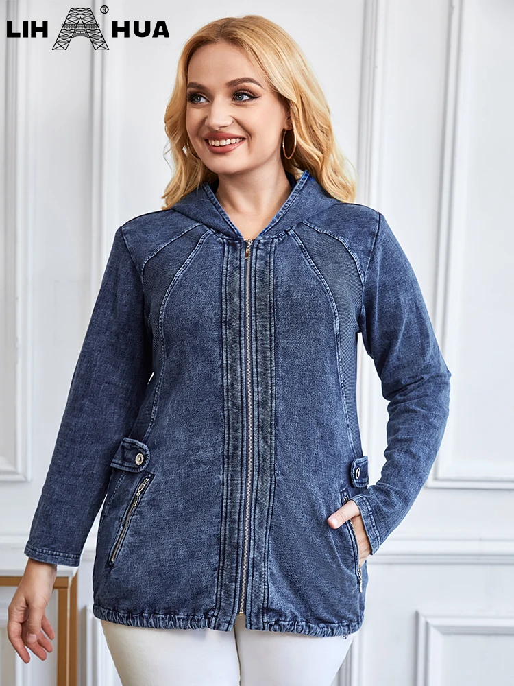 LIH HUA Women's Plus Size Denim Hooded Jacket Autumn Chic Elegant Jacket For Chubby Women Cotton Knitting Jacket
