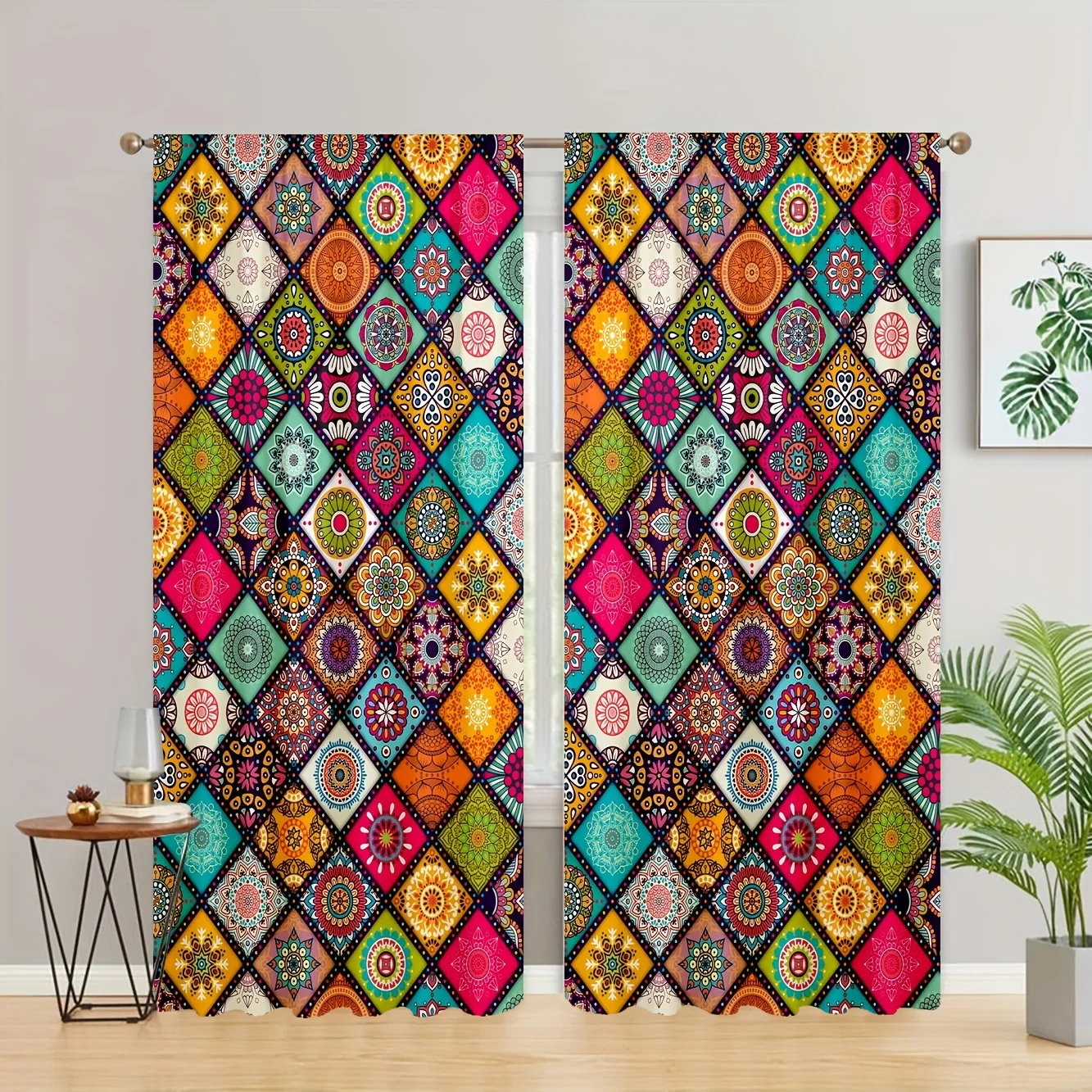 2 Panels Boho Printed Curtains With Grommet Top Darkening Blackout Room, Living Room And Bedroom, Wearing Pole Windows, Imitatin