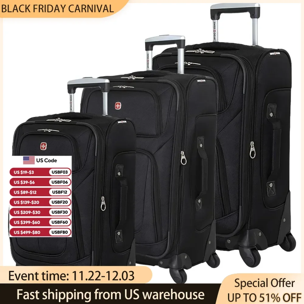 Softside Expandable Luggage, Reinforced handles of the luggage makes for lifting and carrying, Black, 3-Piece Set (21/25/29)