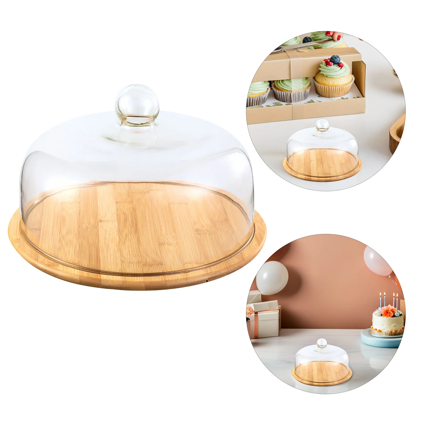 

1 Set Cake Glass Cover With Wooden Base Premium Display Plate Large Capacity Food Holder For Party Wedding Bakery Decorative