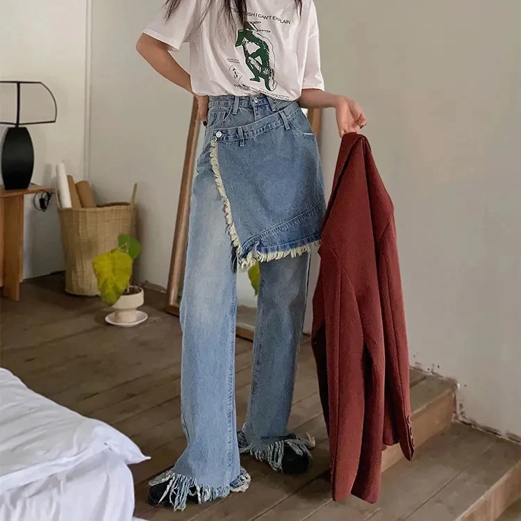 Tassel Blue Jeans Denim Pant with Skirt Style Fake Two-Piece Korean Plus Size e-girl fairycore 2000s grunge aesthetic y2k cloth