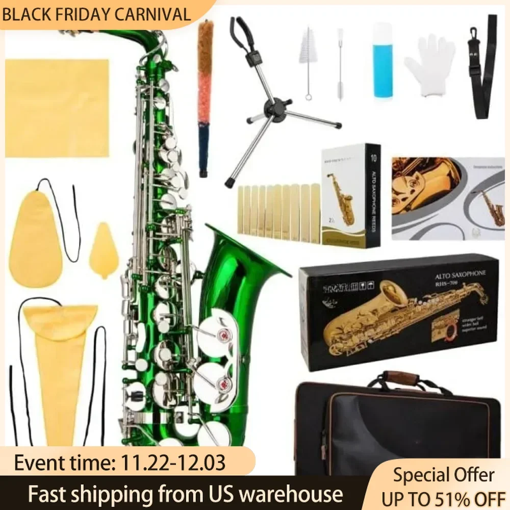 Alto Saxophone Full Kit with Carrying Sax Case, Cleaning and Care Kit, Foldable Stand, Box of Reeds, Mouthpiece, Beginner