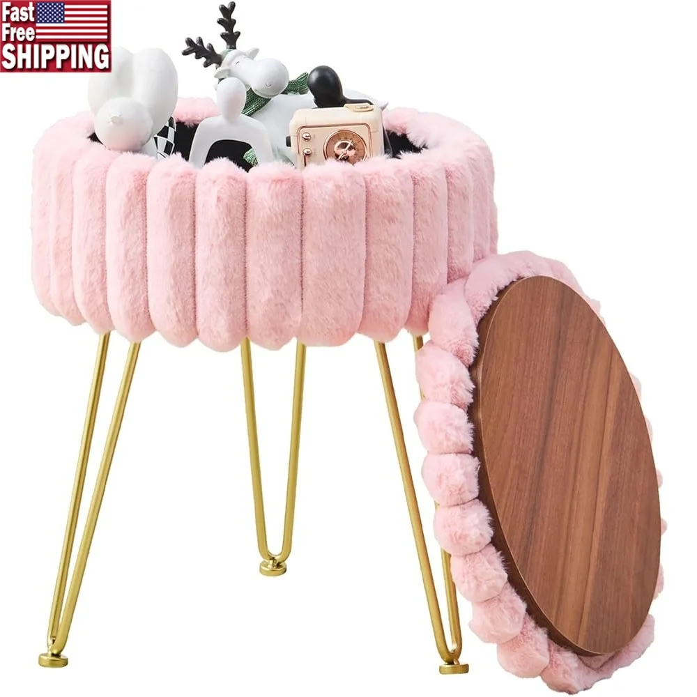 

Round Ottoman Storage Stool Faux Fur Upholstered Footrest with Metal Legs Versatile Use Living Room Bedroom Entryway Extra