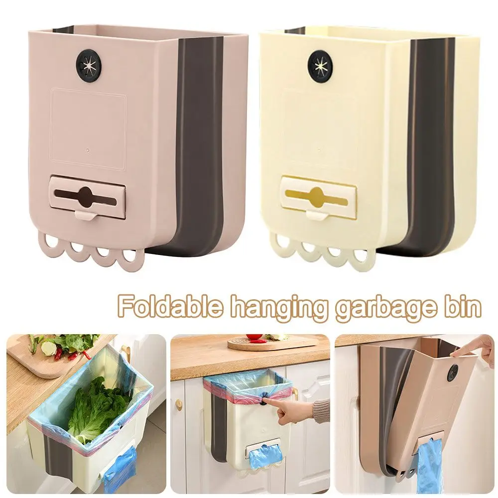 New Foldable Hanging Trash Can Plastic Hanging Storage Wall Mounted Garbage Can Wide Opening Kitchen Compost Bin Cabinet Door