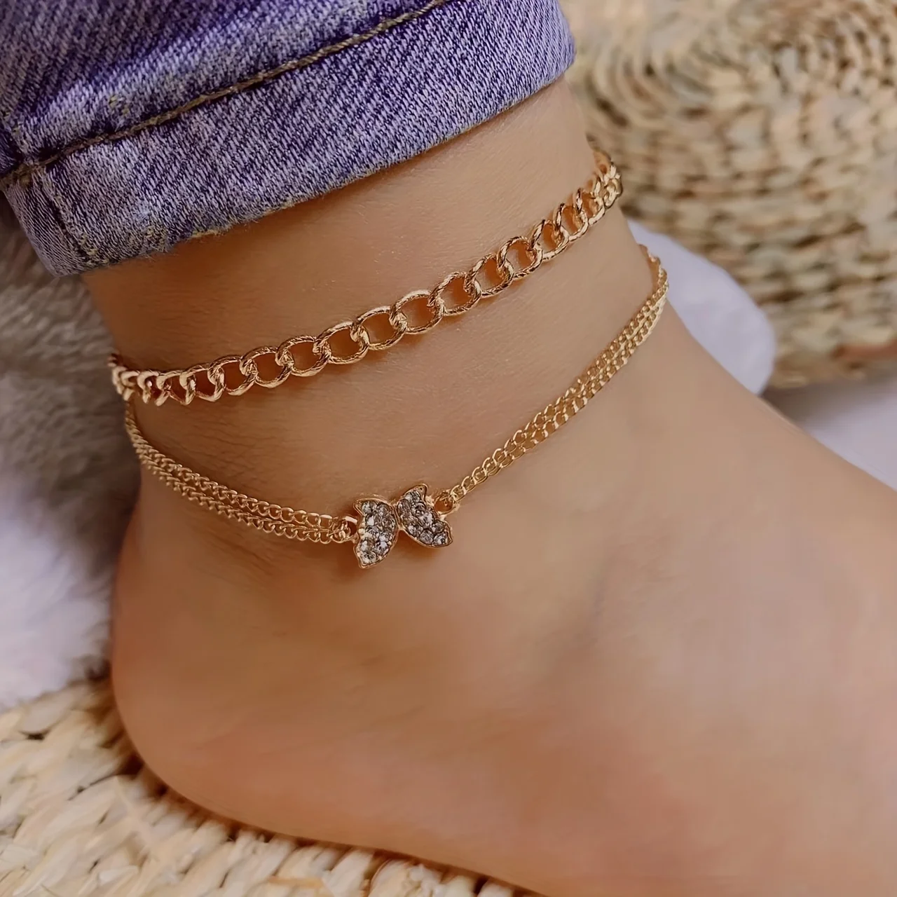 Butterfly Shape Chain Anklet Inlaid Shiny Rhinestones Double Layers Casual Ankle Bracelet