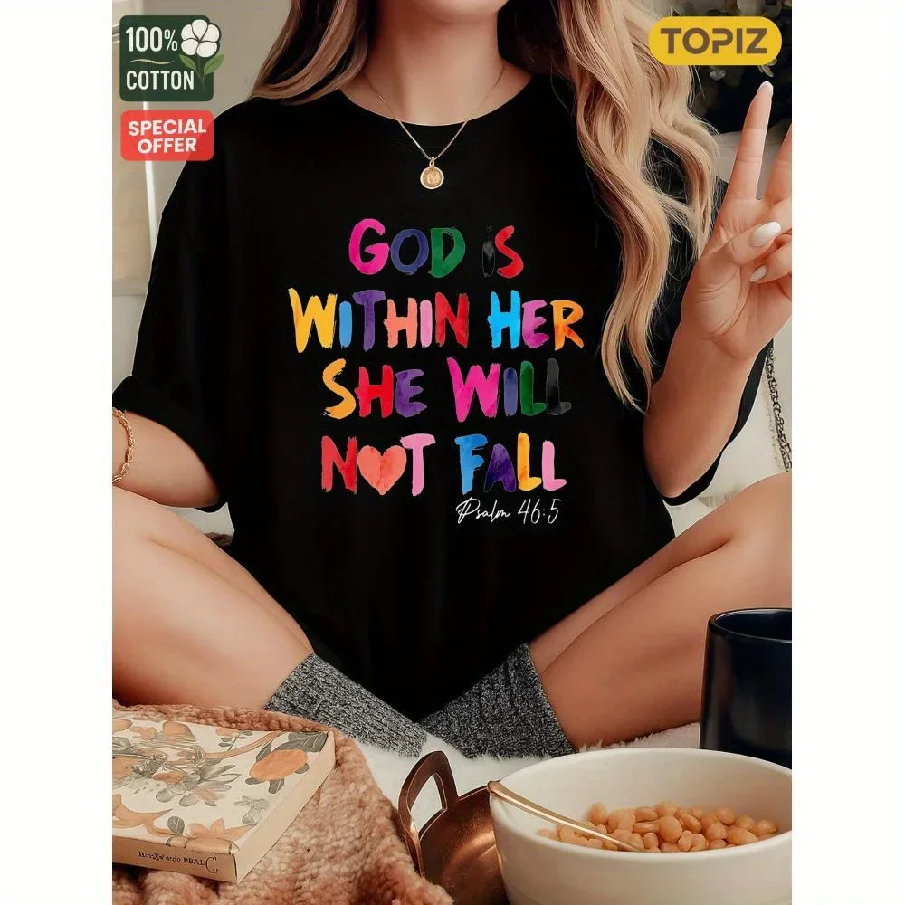 Women's T-Shirt, Crew Neck Short Sleeve Casual Top, Graphic T-Shirt, God Is Within Her She , 100% Cotton, Shirt for Halloween,