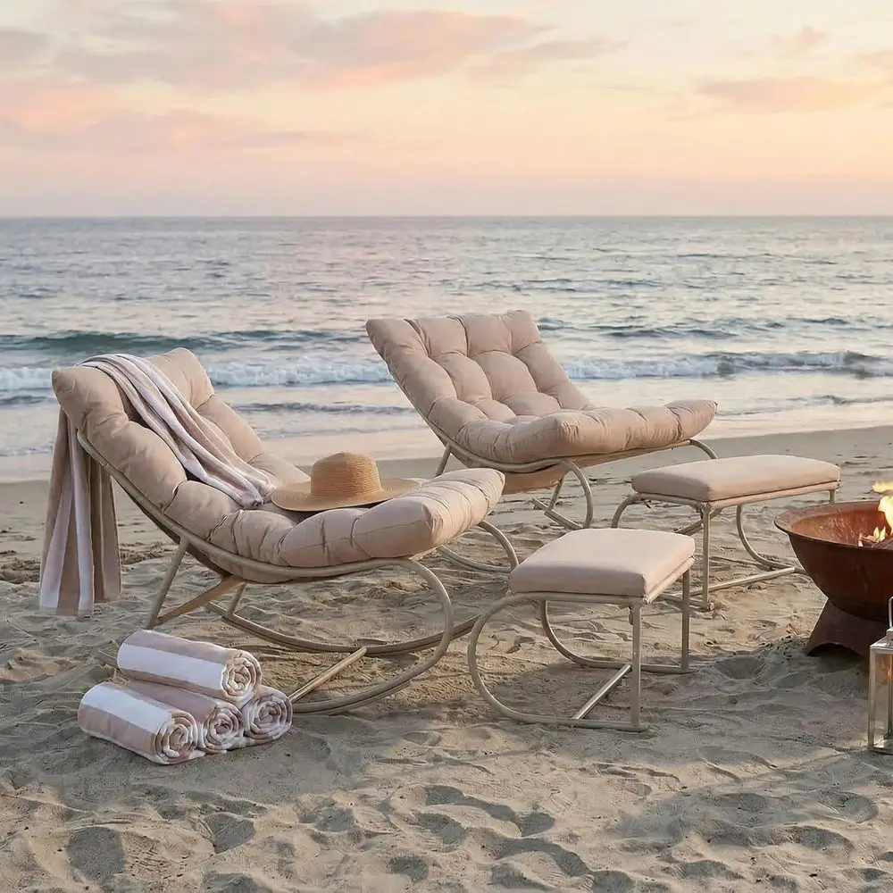 

2-Piece Outdoor Upholstered Rocking Chairs Set with Cushions and Footrests, Khaki
