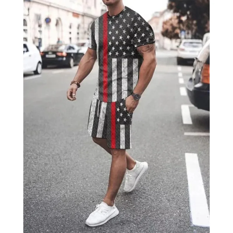 2025 Fashion Retro Men's 3D Printed T-shirt 2-piece Set Loose and Casual Oversized Short Sleeved Polyester Fiber Set