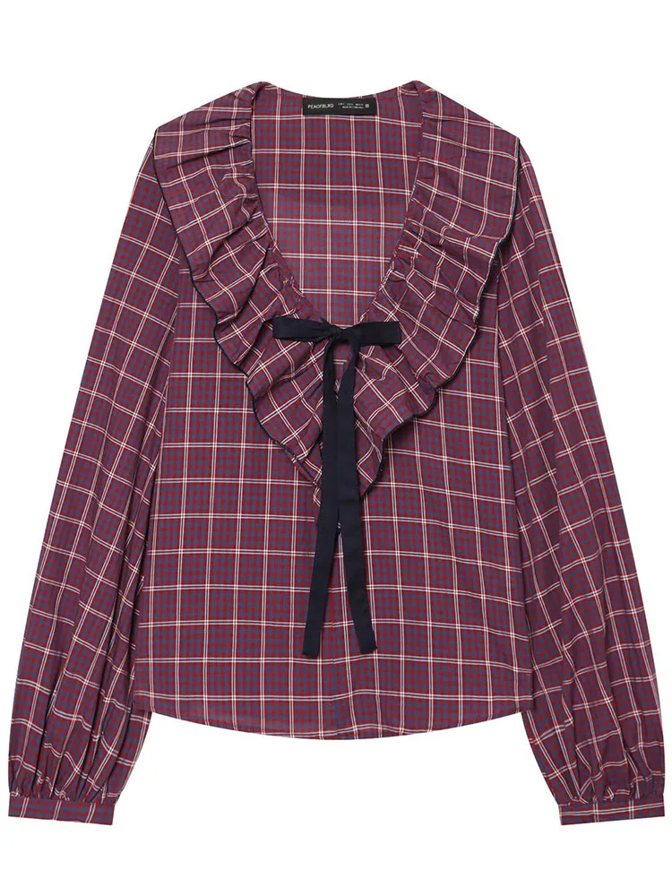 HH Women Retro Plaid Lightweight Jacket Ruffle Trim Tie Front Long Sleeve Checkered Outer Top Chic Spring Fall Layering Piece