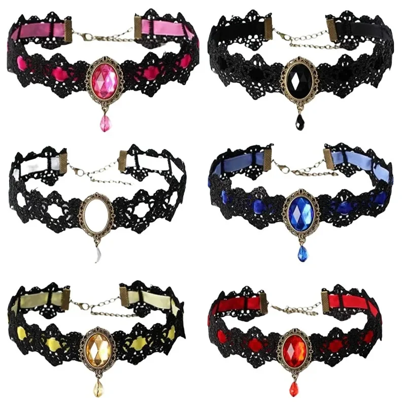 

Gothic Cosplay Sparkling Gemstone Necklace Collar Retro Punk Black Lace Choker Halloween Vintage Vampire Jewelry Accessories