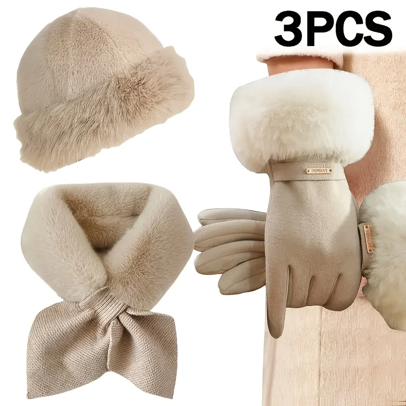 Traje cálido de invierno de 3 piezas para mujer, que incluye guantes, bufanda y gorro, adecuado para clima frío y actividades al aire libre