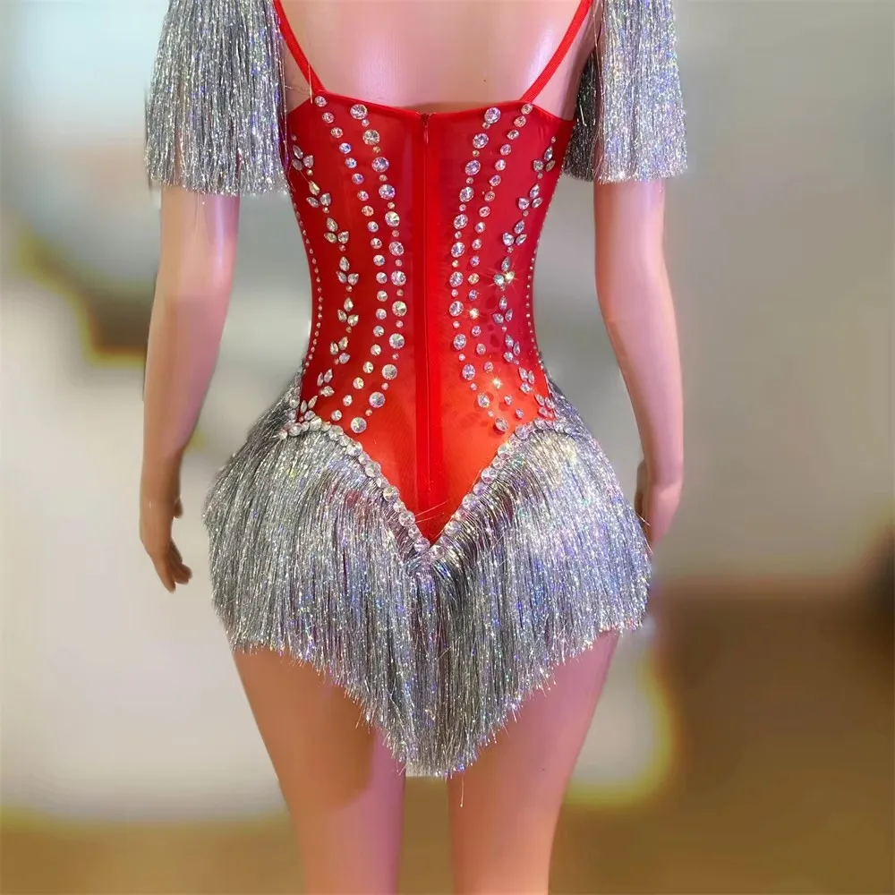 Body con nappe con strass rossi Donna Bar sexy Discoteca Abbigliamento da palcoscenico Abiti da performance jazz Drag Queen Costume Show Ballerino Team