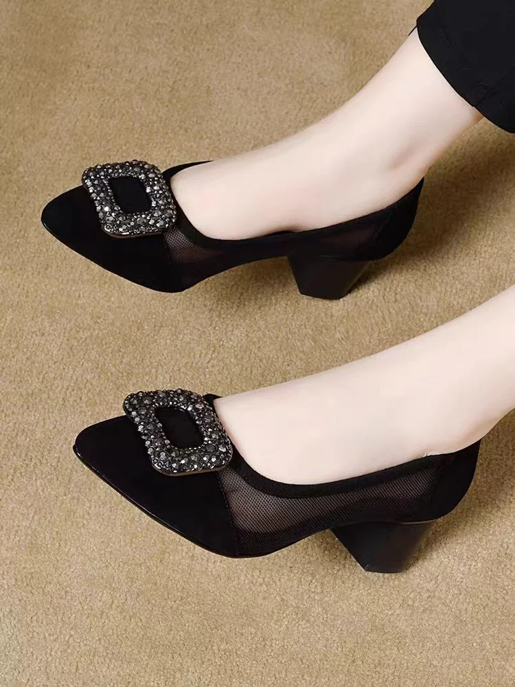 Sapatos Elegantes de Salto Bloco com Bico Fino e Detalhes em Strass, Sapatos Rasos Decorados com Fivela Quadrada, Sapatos Respiráveis para Escritório 