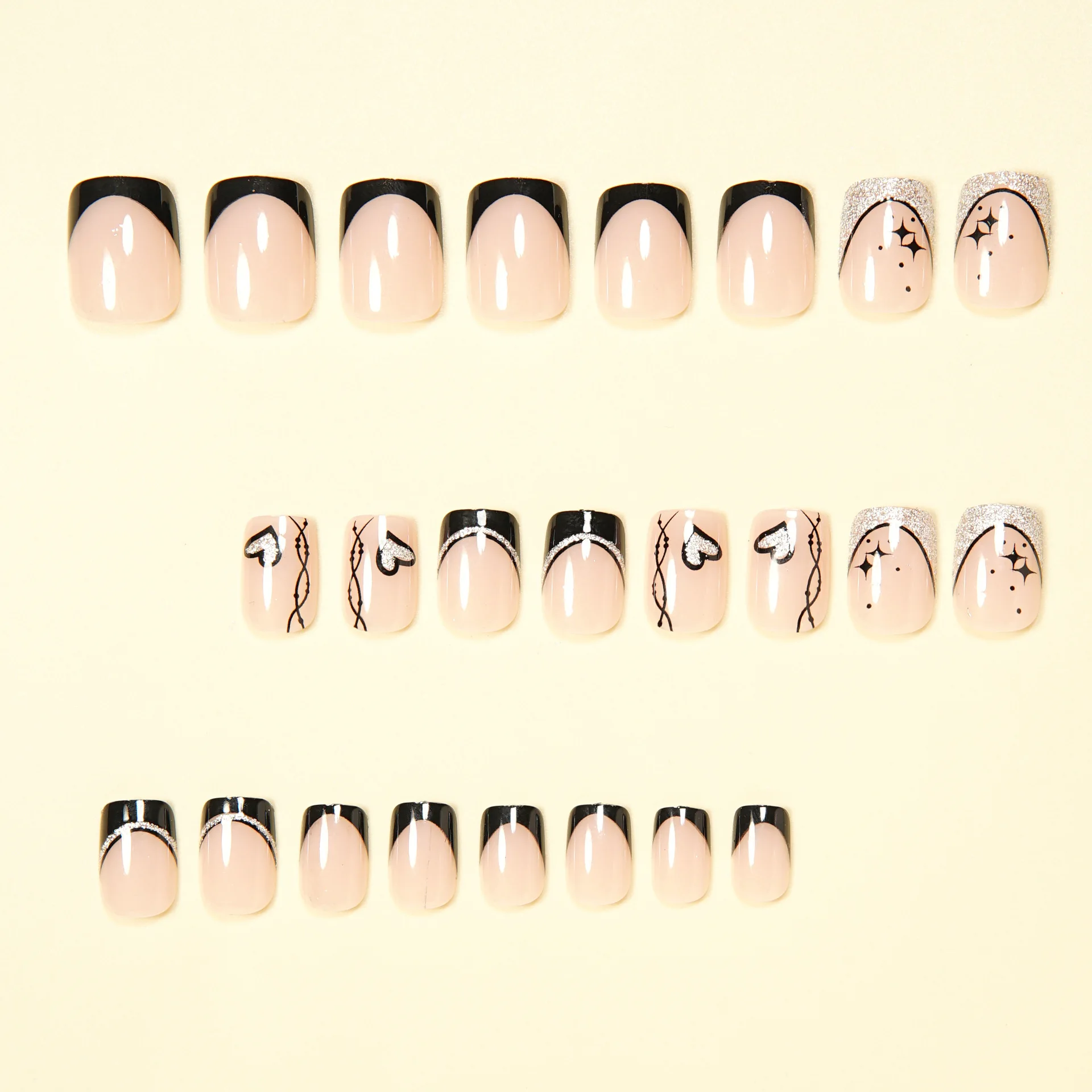 Short Square fake nails for women girls cute heart star design for Valentine's Day silver glitter french nail tips press on nail