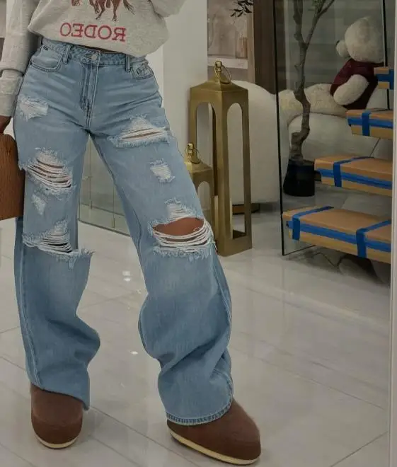 New Women's Fashion Street Trend Hollow Out Nail Buckle Old Straight Tube Loose Wide Leg Denim Pants Female Casual Sexy Jeans