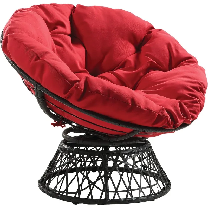 Wicker Papasan Chair with 360-Degree Swivel, Grey Frame with Red Cushion,40” W x 36” D x 35.25” H