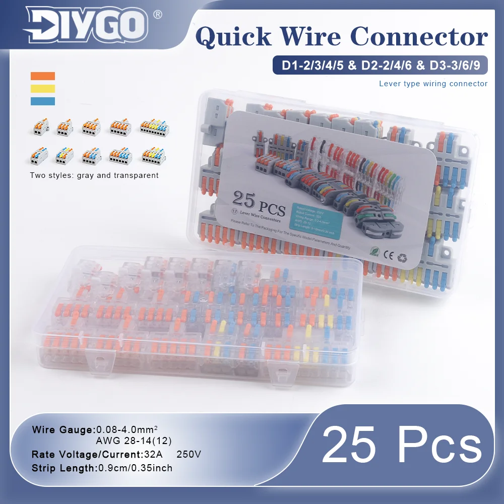 25Pcs Quick Lever Type Wire Connector 2-9Pin 32A 250V 28-12AWG Electrical Cable Connectors Kit Push-in Electrical Terminal Block