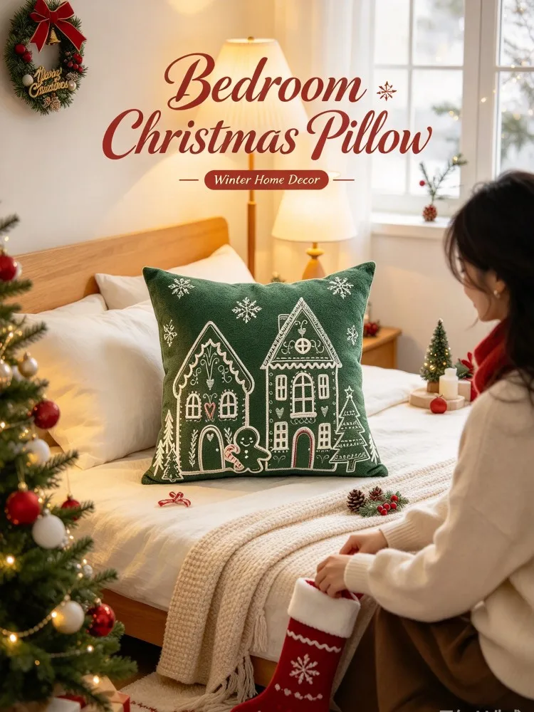 Christmas Gingerbread House Pillow Cover Dark Green White Print Soft Cushion Cover for Xmas Sofa Bed Living Room Bedroom Holiday