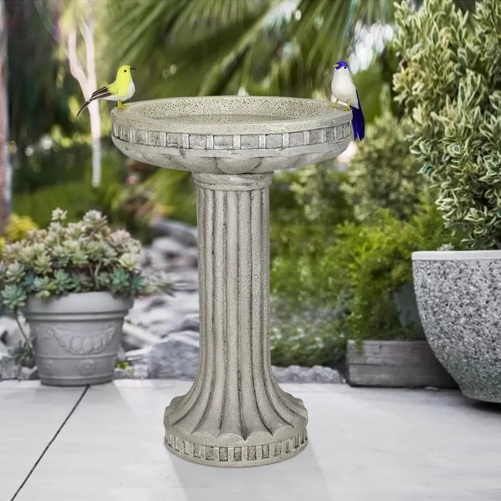 

24 Inch Height Outdoor Bird Bath, Fibre Reinforced Concrete Large Bird Bath Stylish with Modern Pedestal for Garden