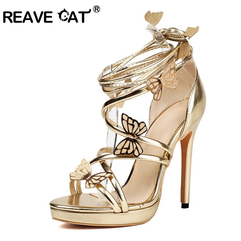 REAVE CAT Sexy Elegant Open Toe Women Sandals Cross Strap Party Thin Stiletto Heel Big Size 30 46 47 48 49 50 Red