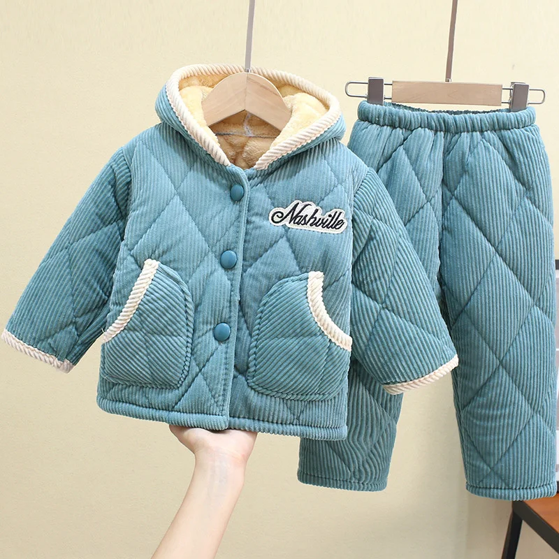 Winter Children\'s Pajamas Sets Boys Girls Thicken Flannel Cotton Suits Kids Plus Velvet Tops+Pants 2Pcs Outfits Hooded Homewear