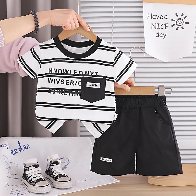 Toddler Boys Outfit Set New Striped Letter Print Short Sleeve Pocket T-Shirt and Elastic Waist Shorts Kids Casual Summer Clothes