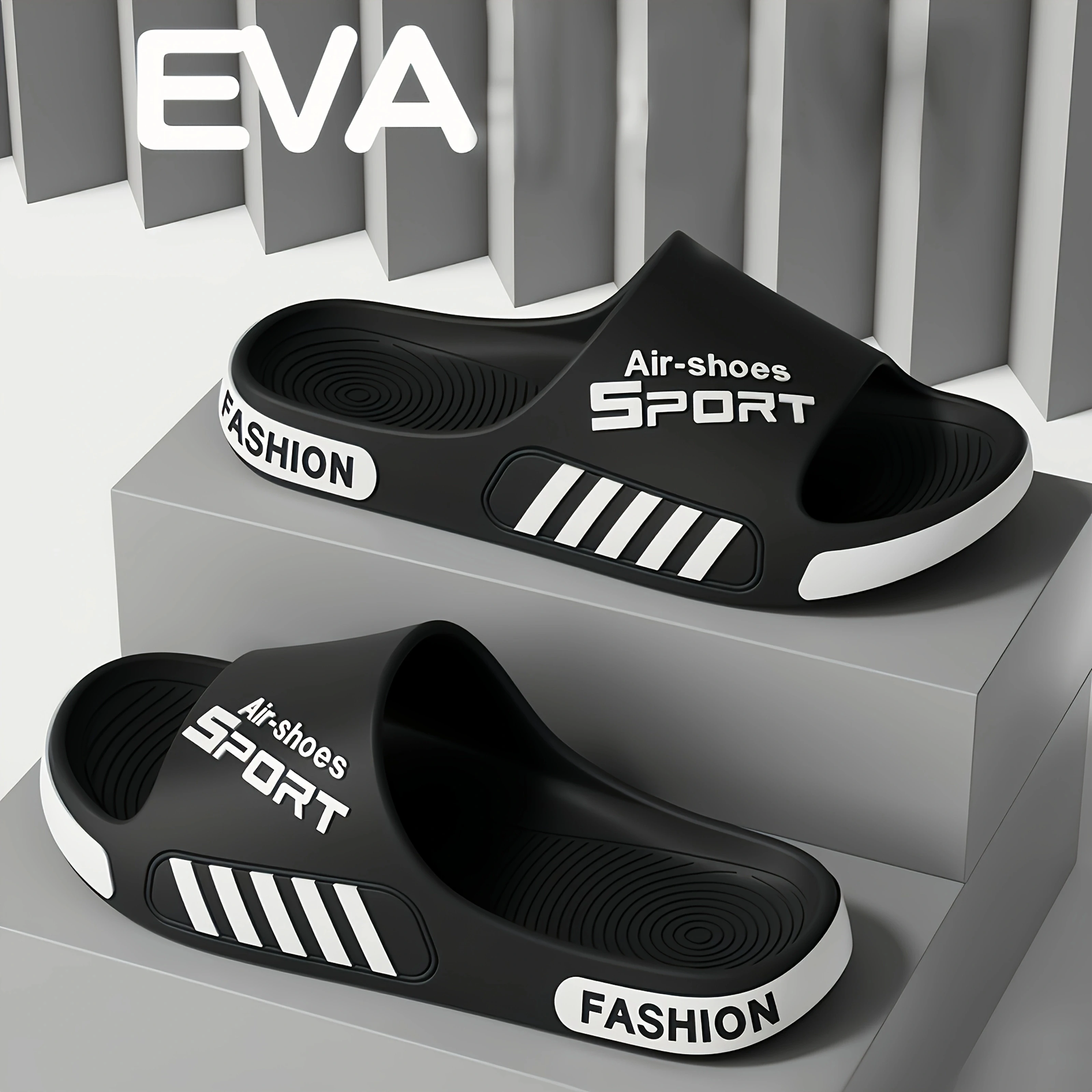 Fashion Striped Sport Slippers For Men Soft Cushion EVA Anti-slip Bathroom Walking Slides