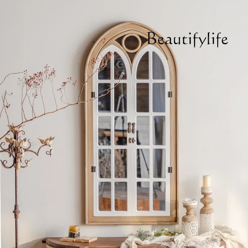 retro full-length mirror wall-mounted household solid wood full-length mirror wall-mounted decorative makeup mirror arched