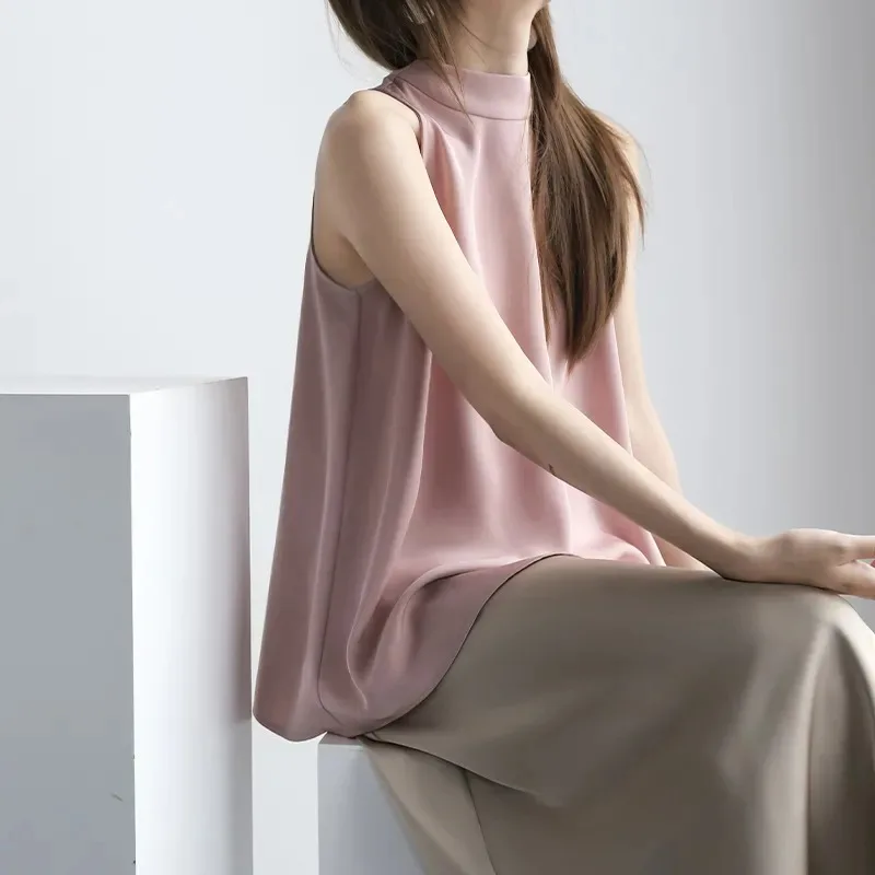 

French Women Summer Halter Top Sleeveless Chiffon Blouse Back Bow Inner Vest